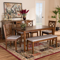Baxton Studio RH335C-Grey/Walnut-6PC Dining Set Gabriel Modern and Contemporary Grey Fabric Upholstered and Walnut Brown Finished Wood 6-Piece Dining Set